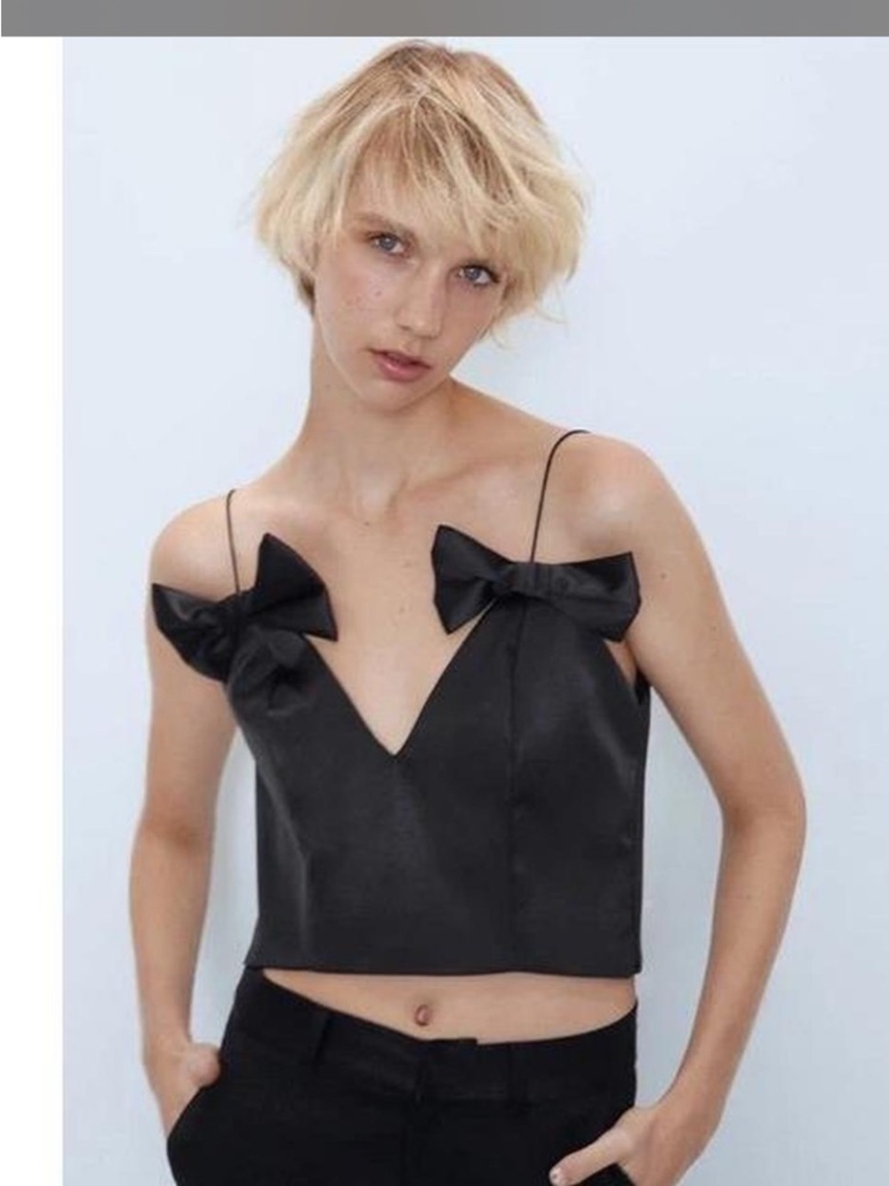 Zara Black Satin Bow-Shoulder V-Neck Cami